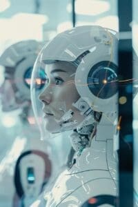 Cutting-edge customer service hub where AI assistants seamlessly support a diverse range of clients via advanced digital interfaces