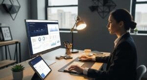 Small business owner utilizing AI lead generation tools in a modern office environment