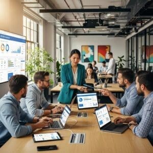 Sales team collaborating with technology in a modern office setting