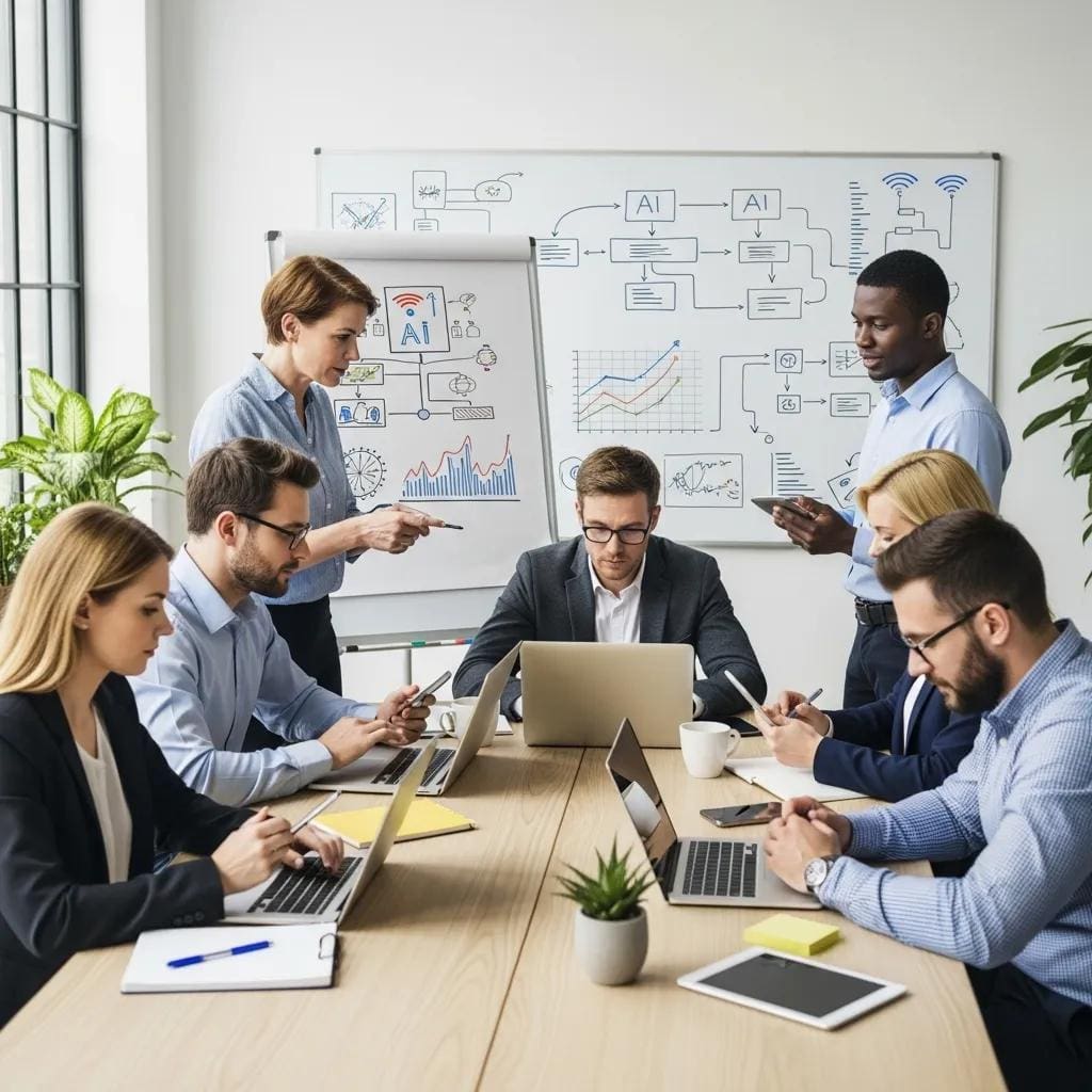 Team of small business professionals discussing AI automation benefits