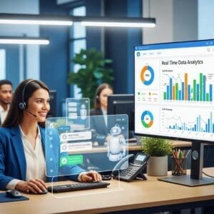 AI customer service representative engaging with advanced technology in a modern workspace
