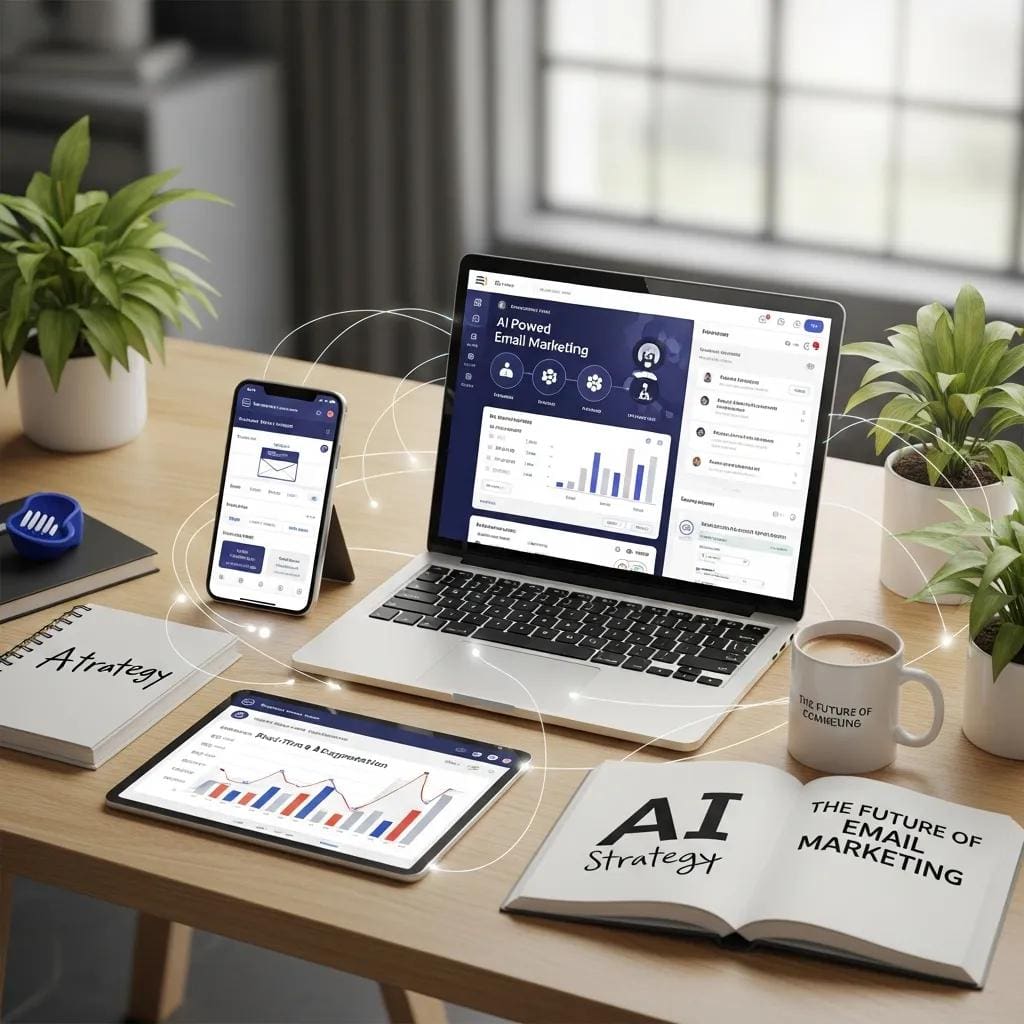 AI tools for email marketing displayed on a modern workspace desk