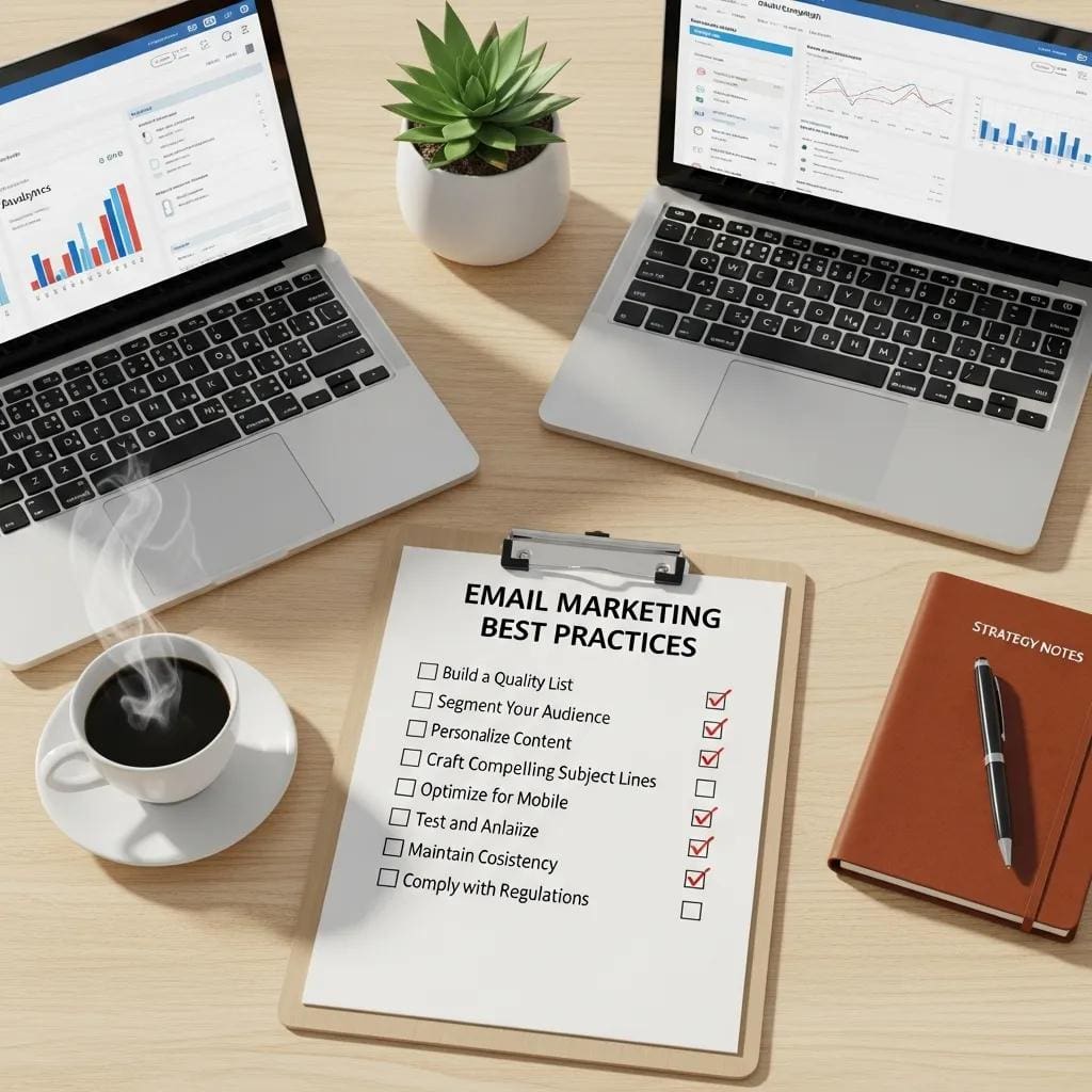 Checklist of best practices for email marketing on a clipboard with a laptop