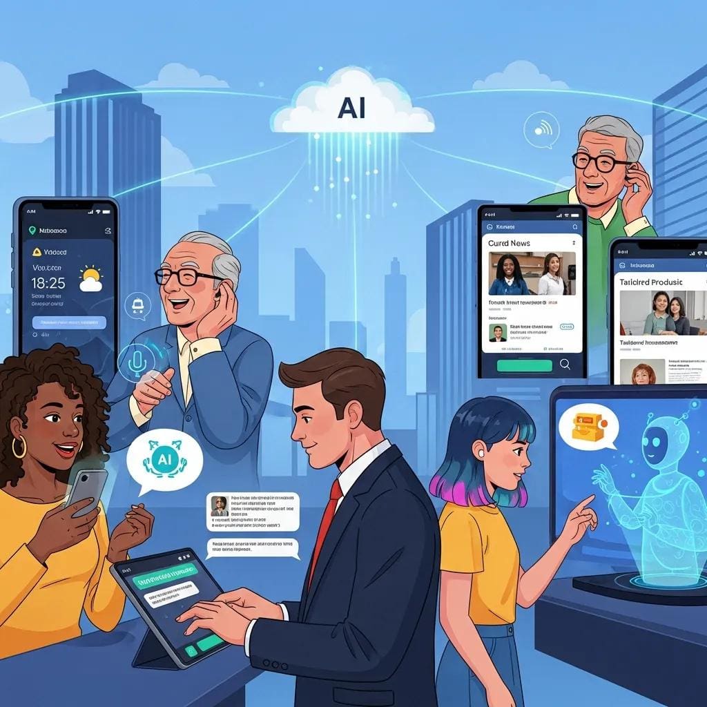 Customers engaging with conversational AI on multiple devices, showcasing personalized interactions