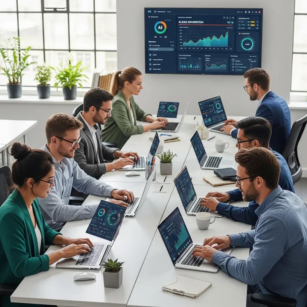 Sales team using AI lead generation tools in a collaborative office environment