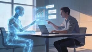 Autonomous AI agent collaborating with a human in a modern office, representing advancements in chatbot technology