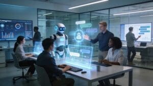 Futuristic office scene with professionals using advanced conversational AI technology