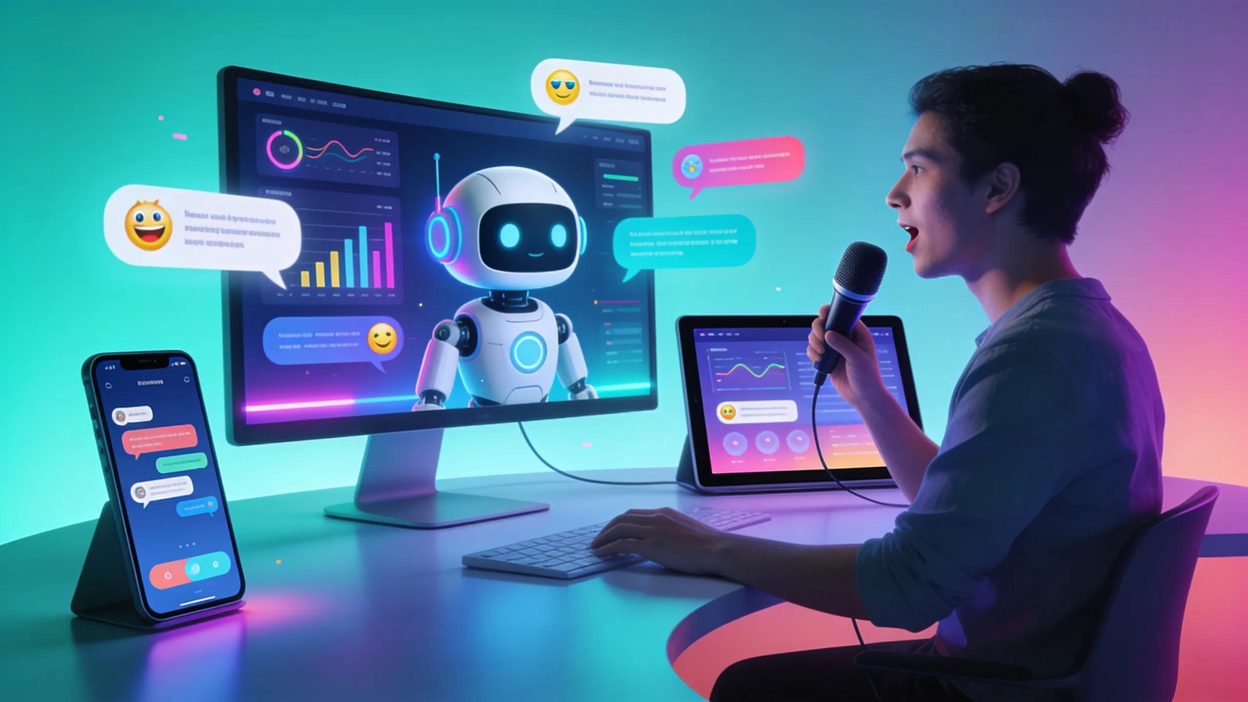 User interacting with multimodal AI on various devices, emphasizing the transformation of chatbot technology
