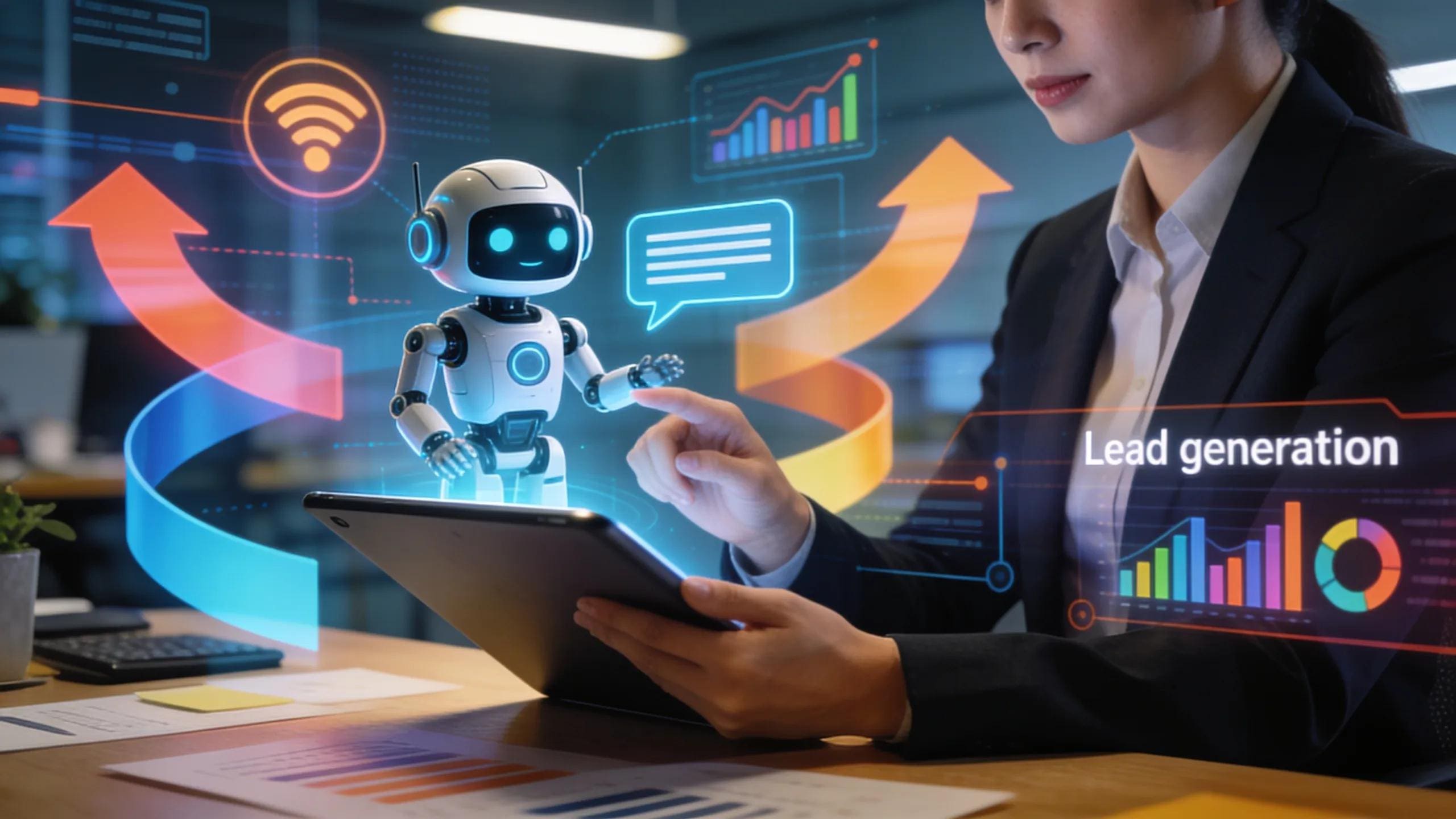Professional using an AI chatbot for lead generation in a dynamic business environment