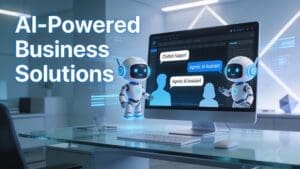 Futuristic AI technology in a business setting highlighting chatbots and agentic AI interactions