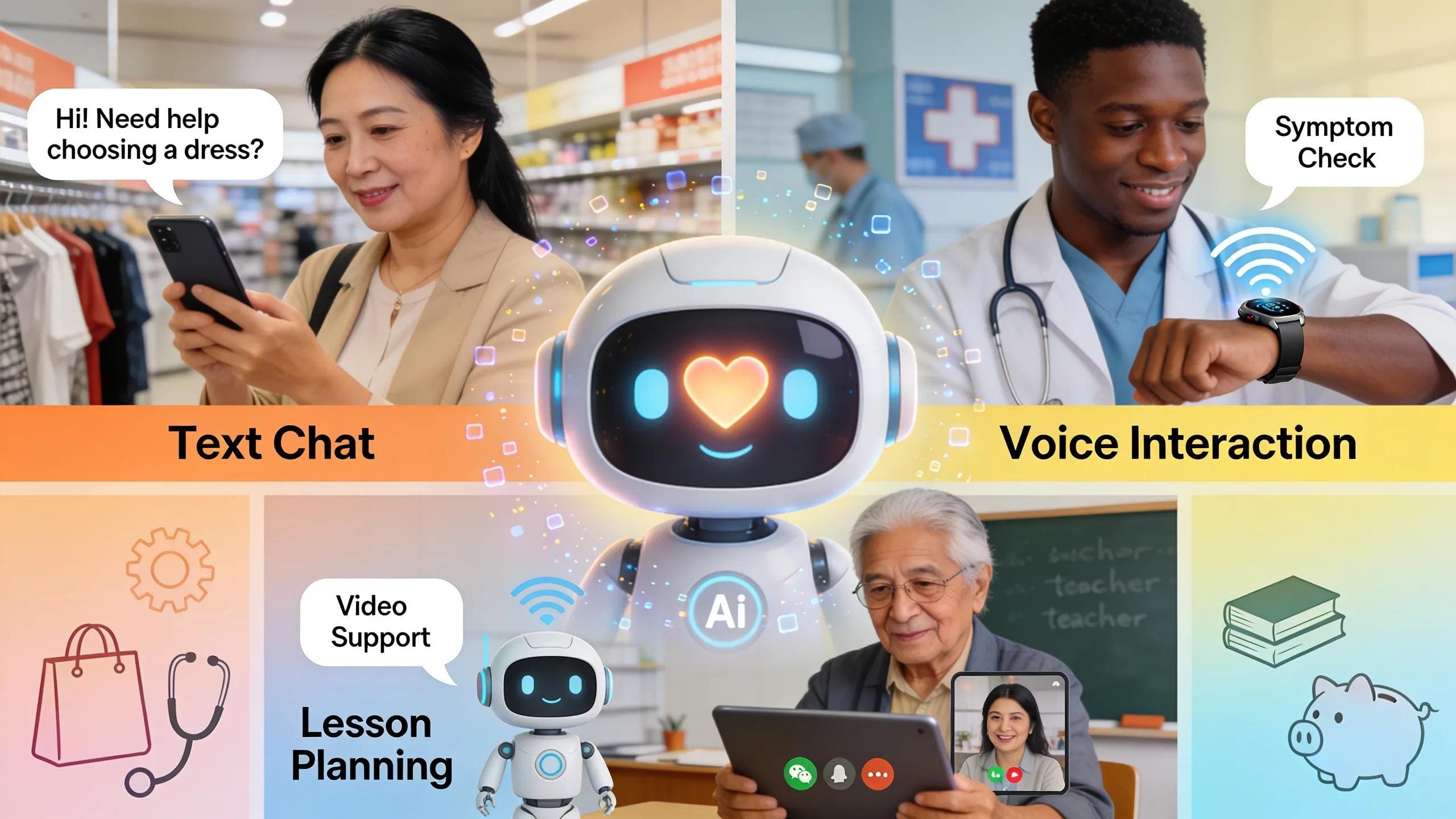 Collage of chatbot interaction modes demonstrating personalization and efficiency in engaging diverse customers