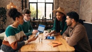Professionals collaborating with AI chatbots to enhance customer engagement and streamline business processes