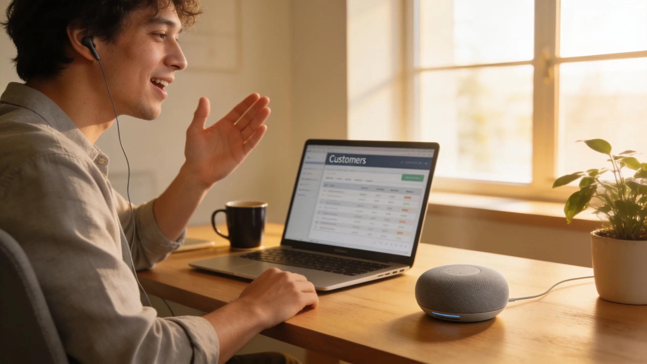 User engaging with voice-first automation in a modern business environment