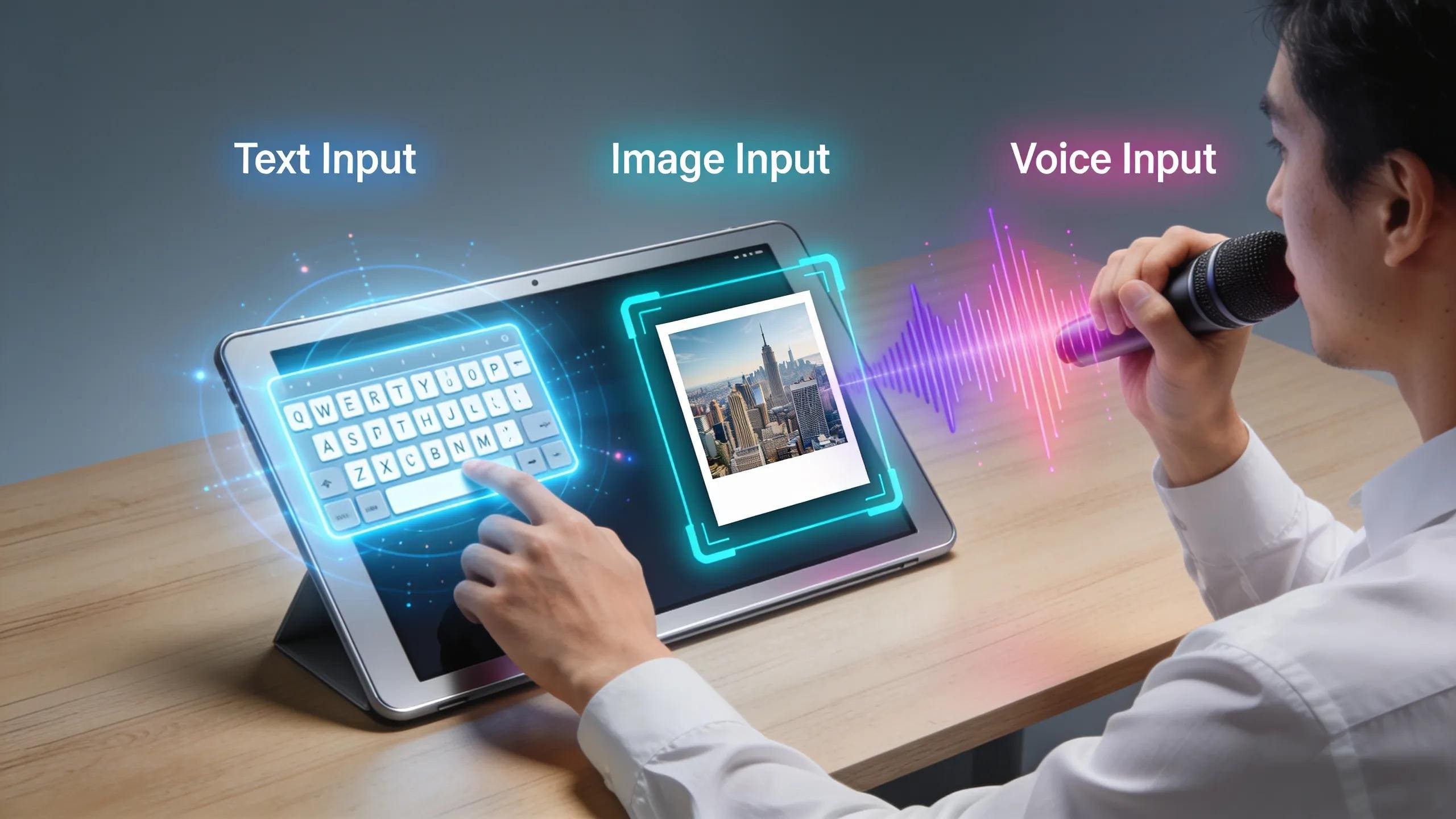 Interaction showcasing multimodal AI combining text, image, and voice data inputs