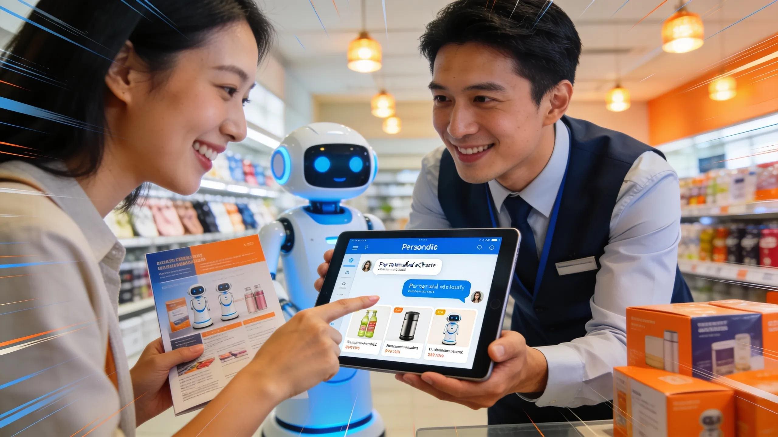 Sales representative assisting a customer using a chatbot on a tablet in a retail space