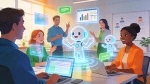 AI voice agents and chatbots engaging SMB professionals in a modern business environment