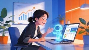 SMB owner engaging with an AI agent on a laptop in a modern workspace