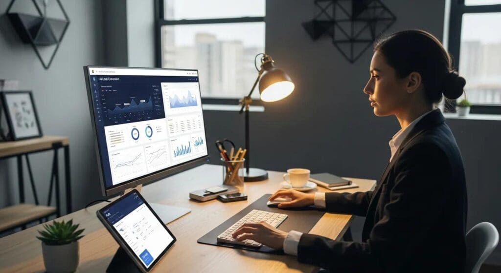 Small business owner utilizing AI lead generation tools in a modern office environment